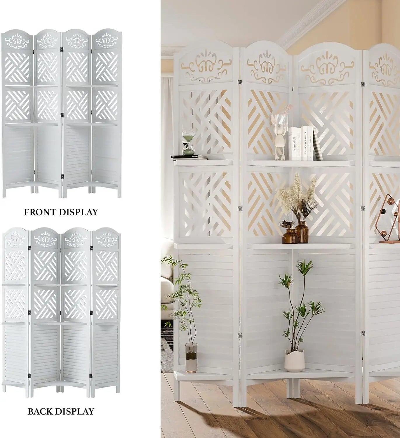 Room Divider with Shelves Folding Wood Carved Screen with Double Hinges