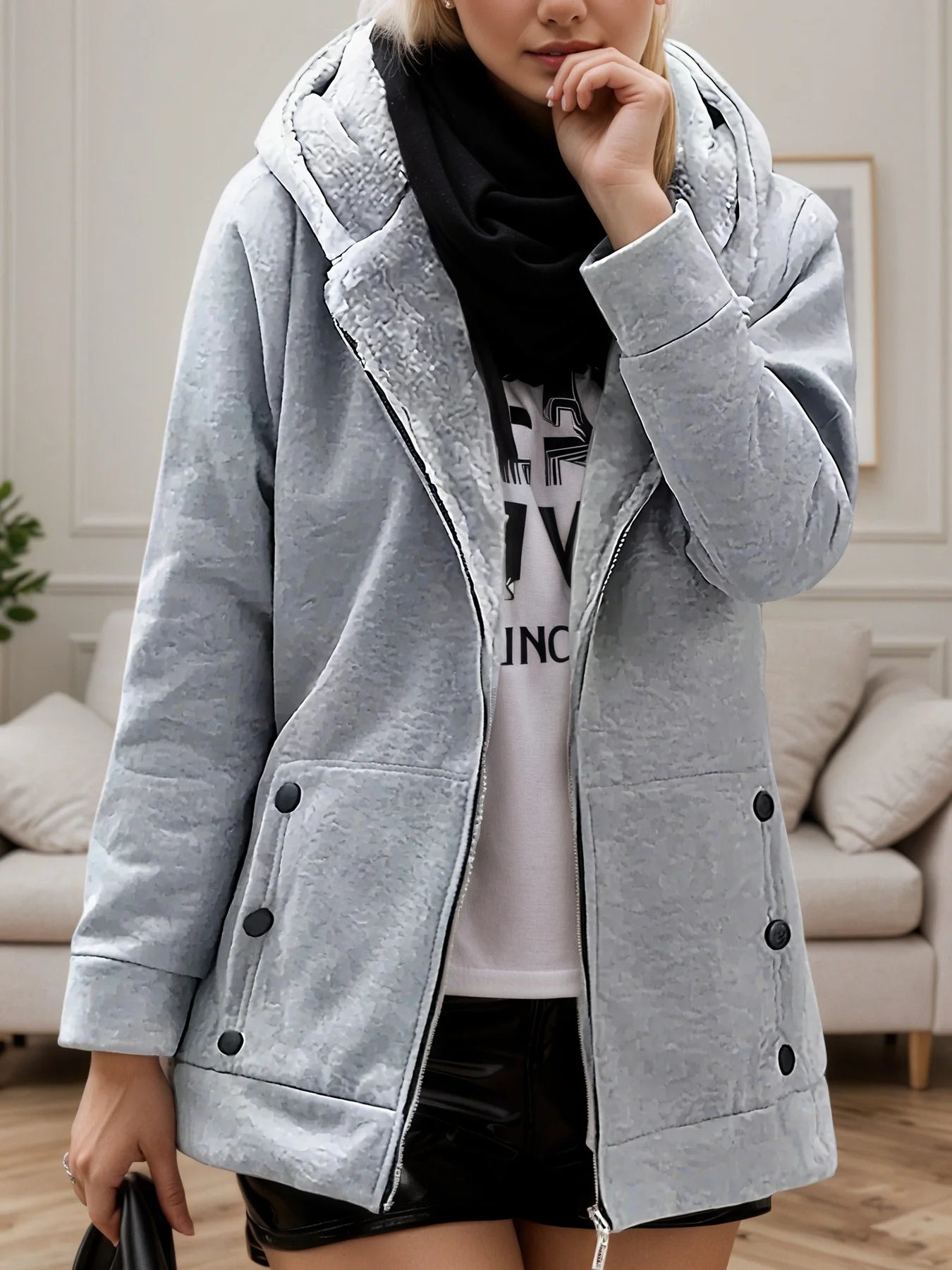 2025 New Solid Color Long-Sleeved Zippered Fleece Hooded Jacket for Women,