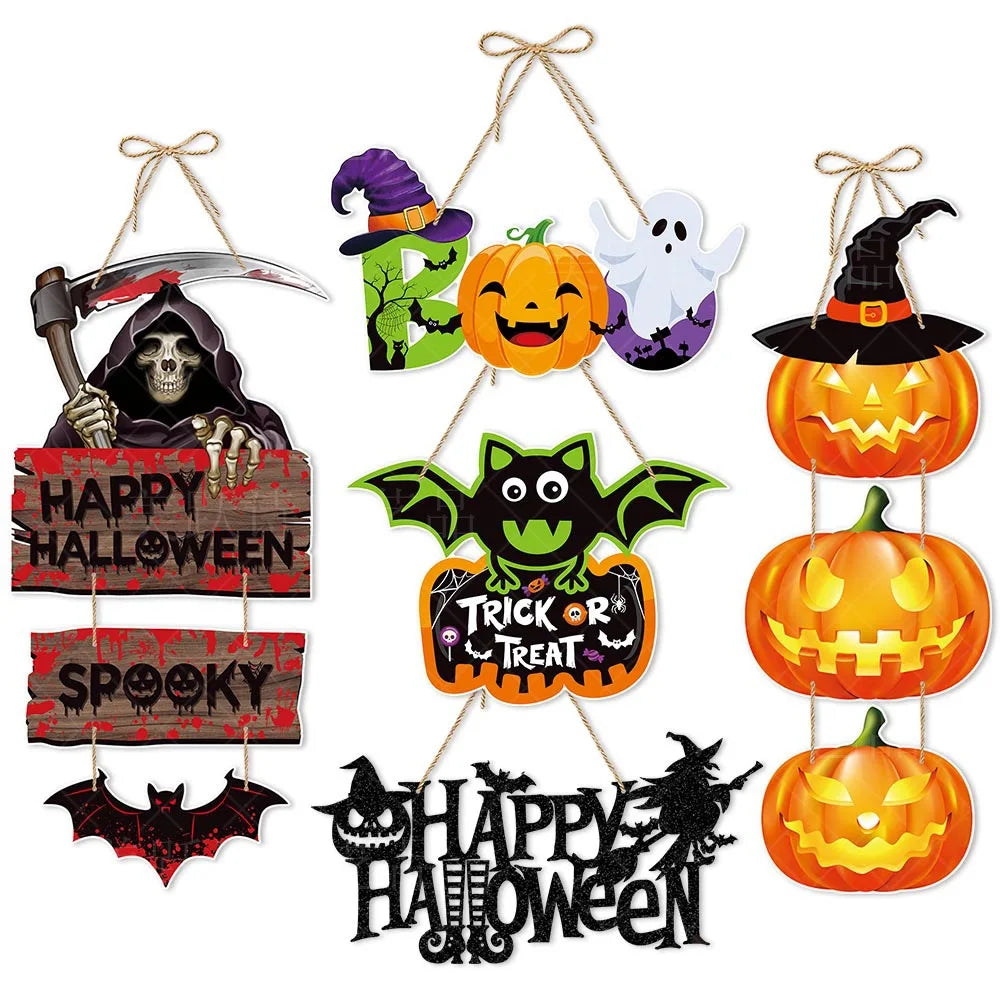 Halloween Hanging Sign Festive Pumpkin Bat and Skull Designs f