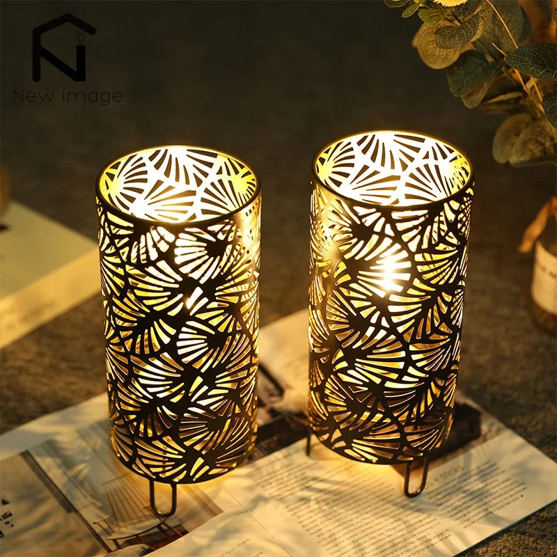 2Pcs Fan Pattern Metal Candle Holder Table Lamp Battery Powered