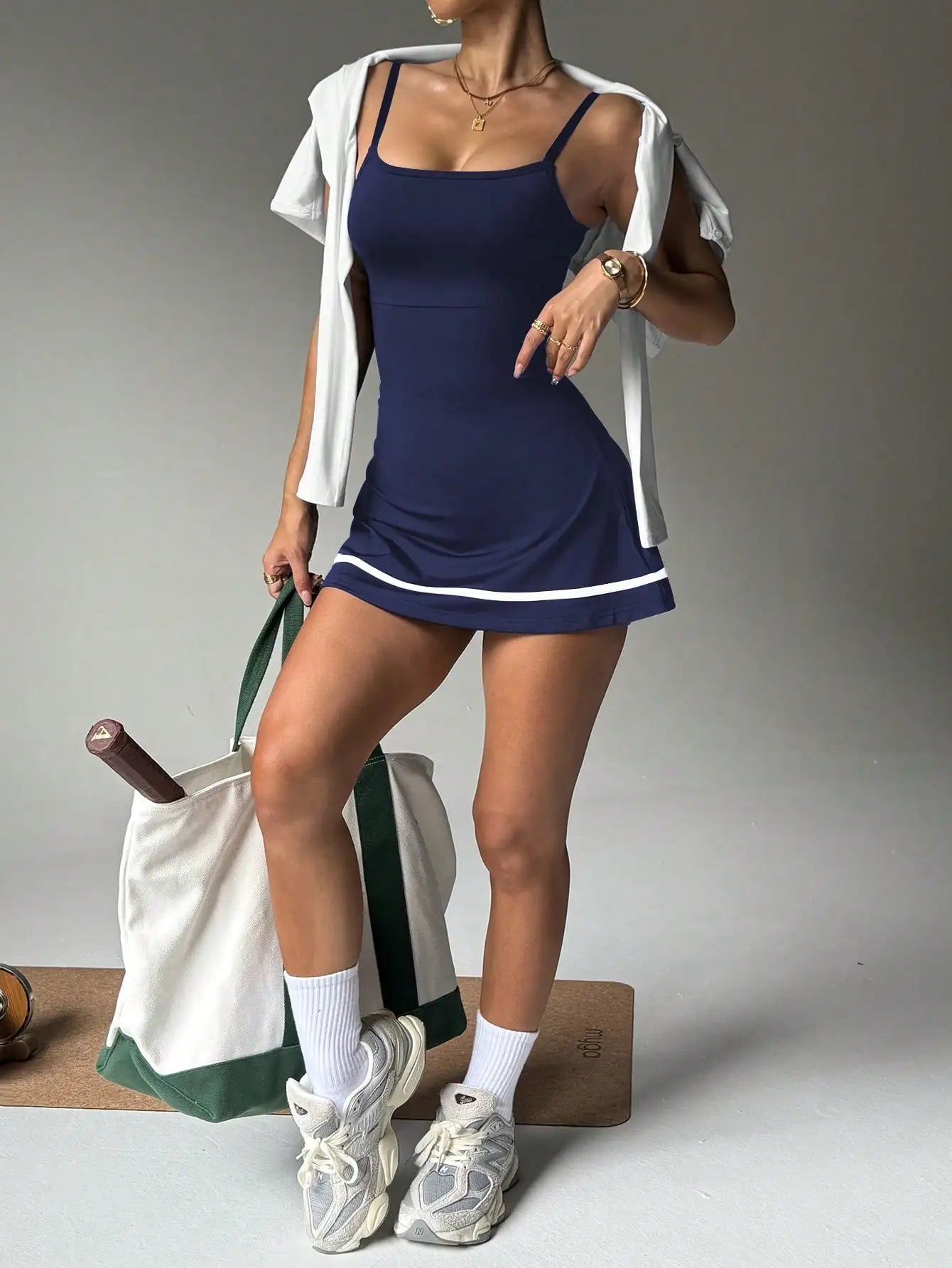 Navy Blue Tummy Control Tennis Dress with White Stripe Hem
