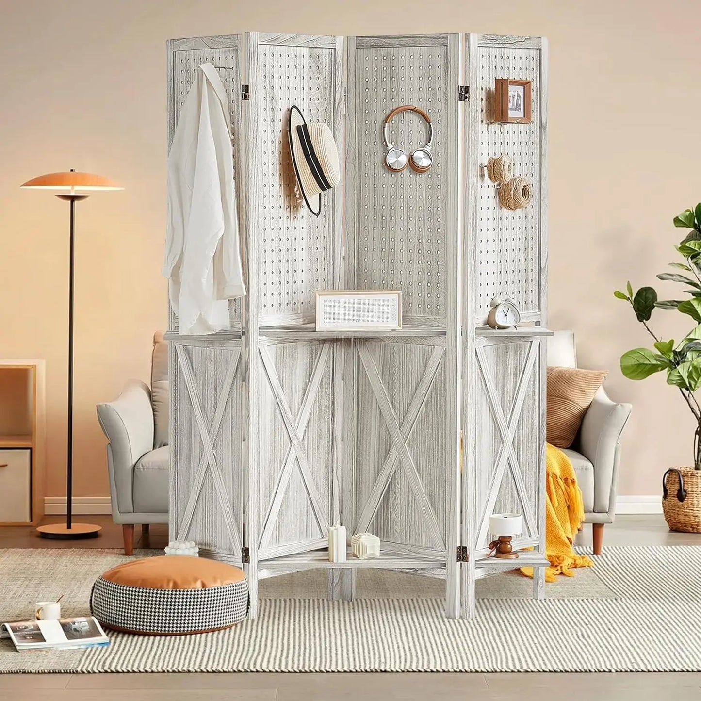 Room Divider with Shelves Folding Wood Carved Screen with Double Hinges
