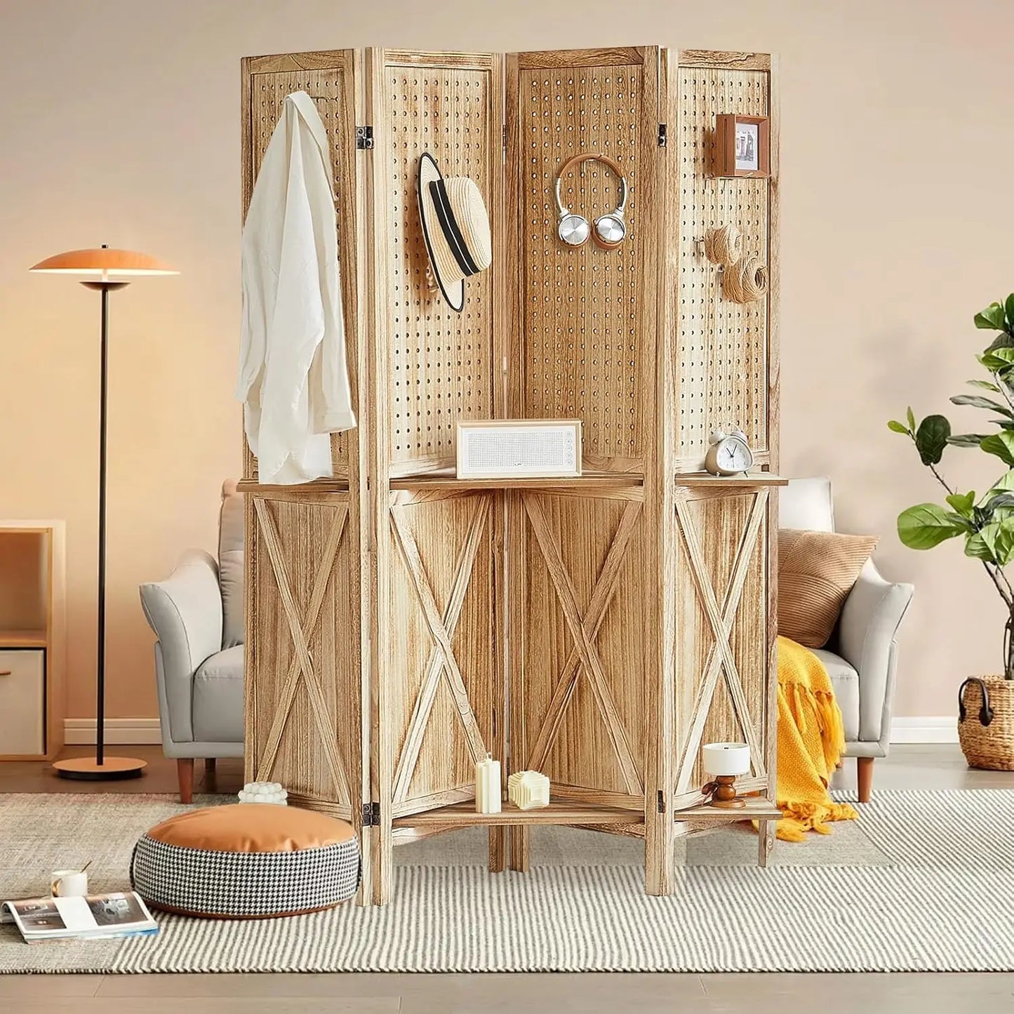 Room Divider with Shelves Folding Wood Carved Screen with Double Hinges