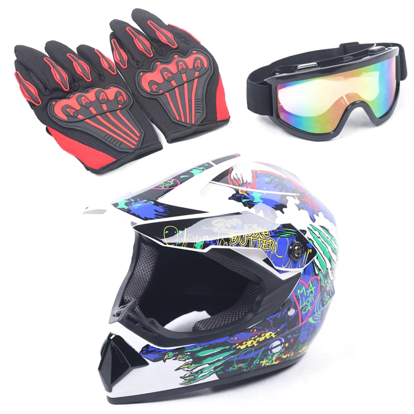 L Size Motorcycle Helmet Set DOT Standard Adult Full Face Helmet with Goggle & Gloves