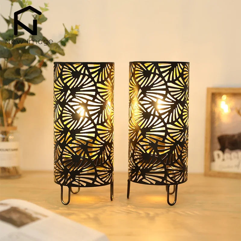 2Pcs Fan Pattern Metal Candle Holder Table Lamp Battery Powered