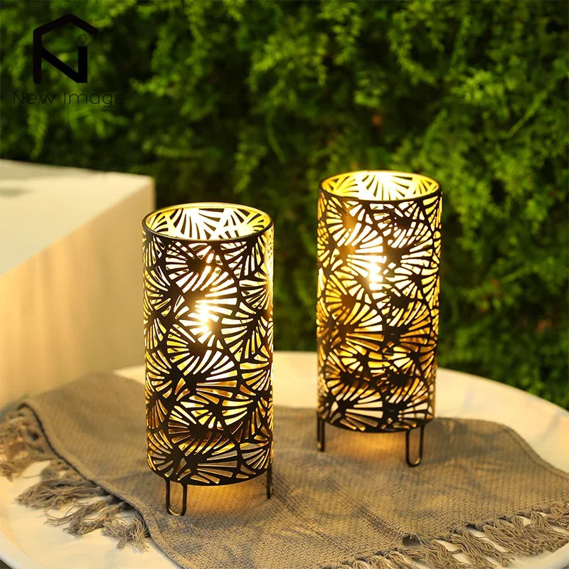 2Pcs Fan Pattern Metal Candle Holder Table Lamp Battery Powered