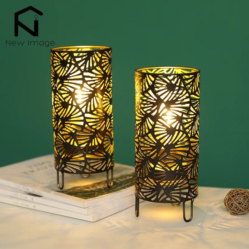 2Pcs Fan Pattern Metal Candle Holder Table Lamp Battery Powered