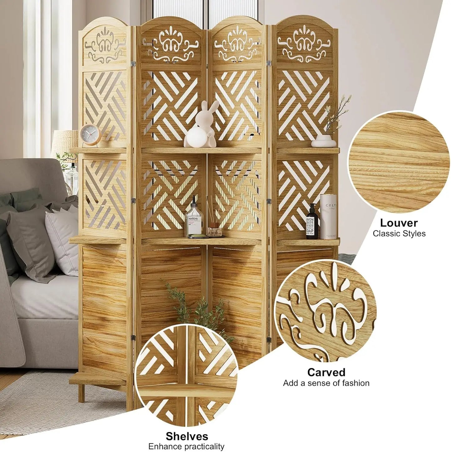 Room Divider with Shelves Folding Wood Carved Screen with Double Hinges