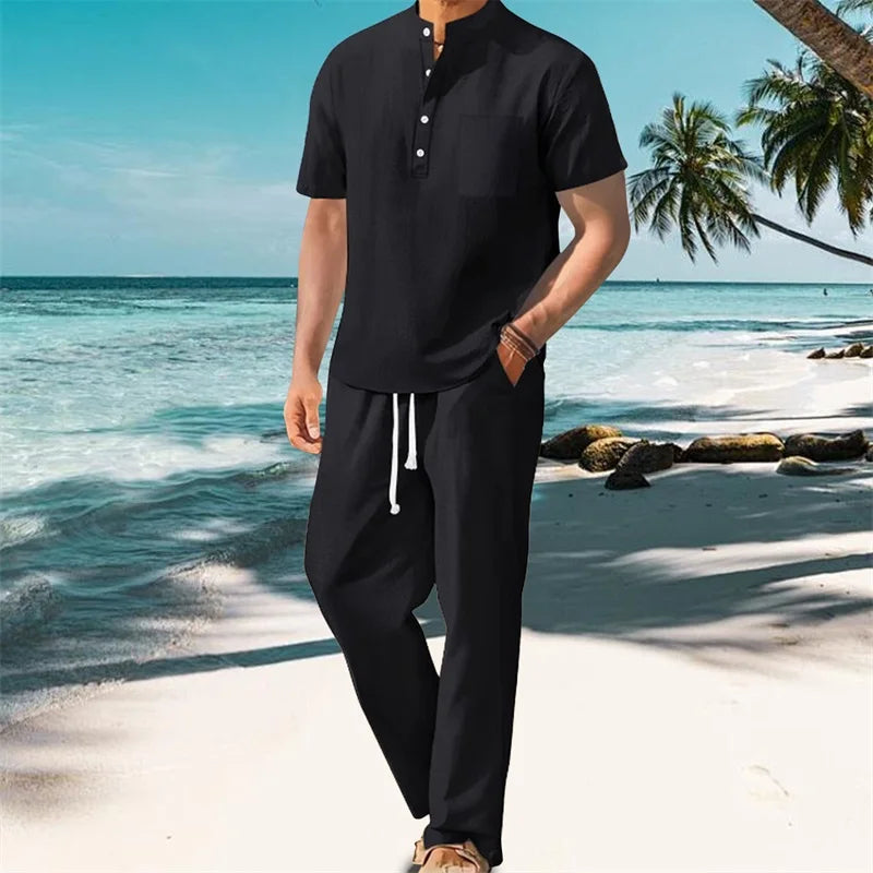 Men s Casual 2 Piece Outfit Short Sleeve Henley Tops