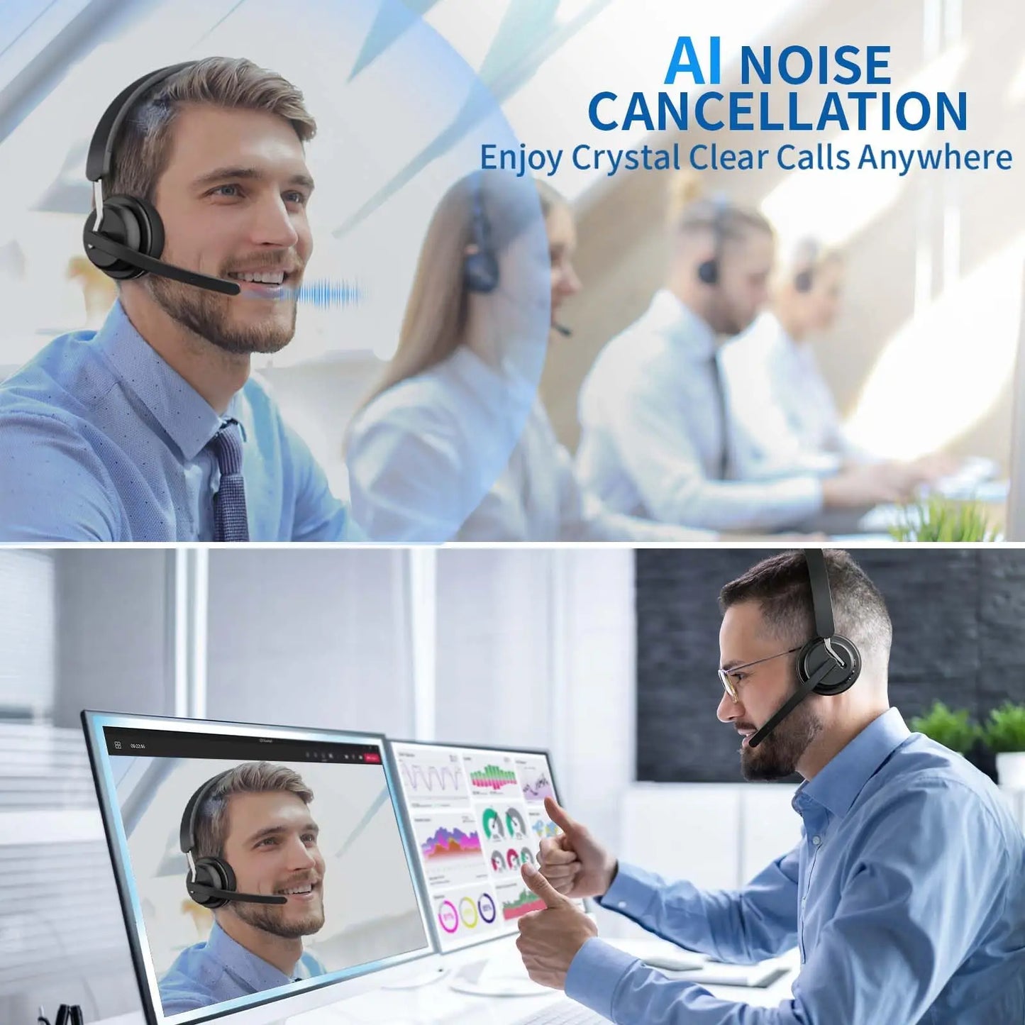 Wireless Headset Work Bluetooth 5.3 Headset AI Noise Cancelling Mic Call Reminder