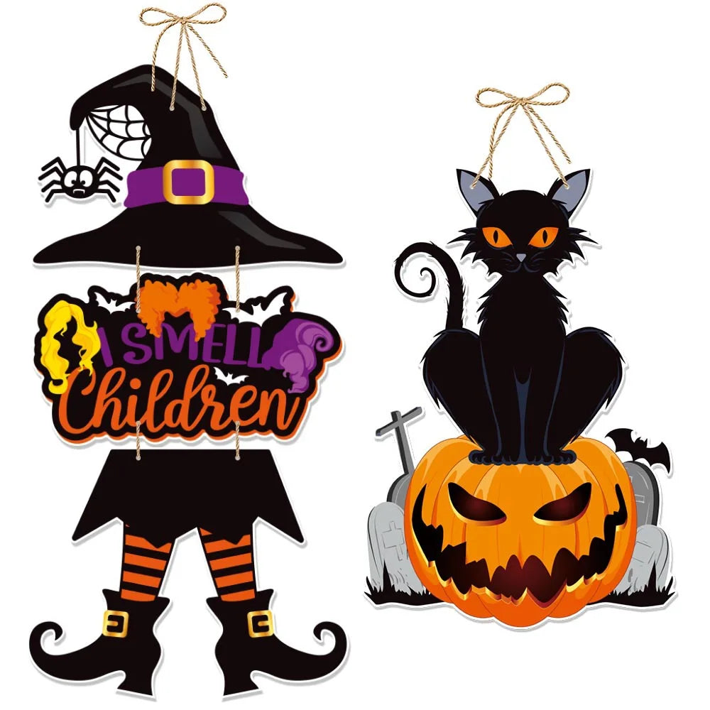 Halloween Hanging Sign Festive Pumpkin Bat and Skull Designs f