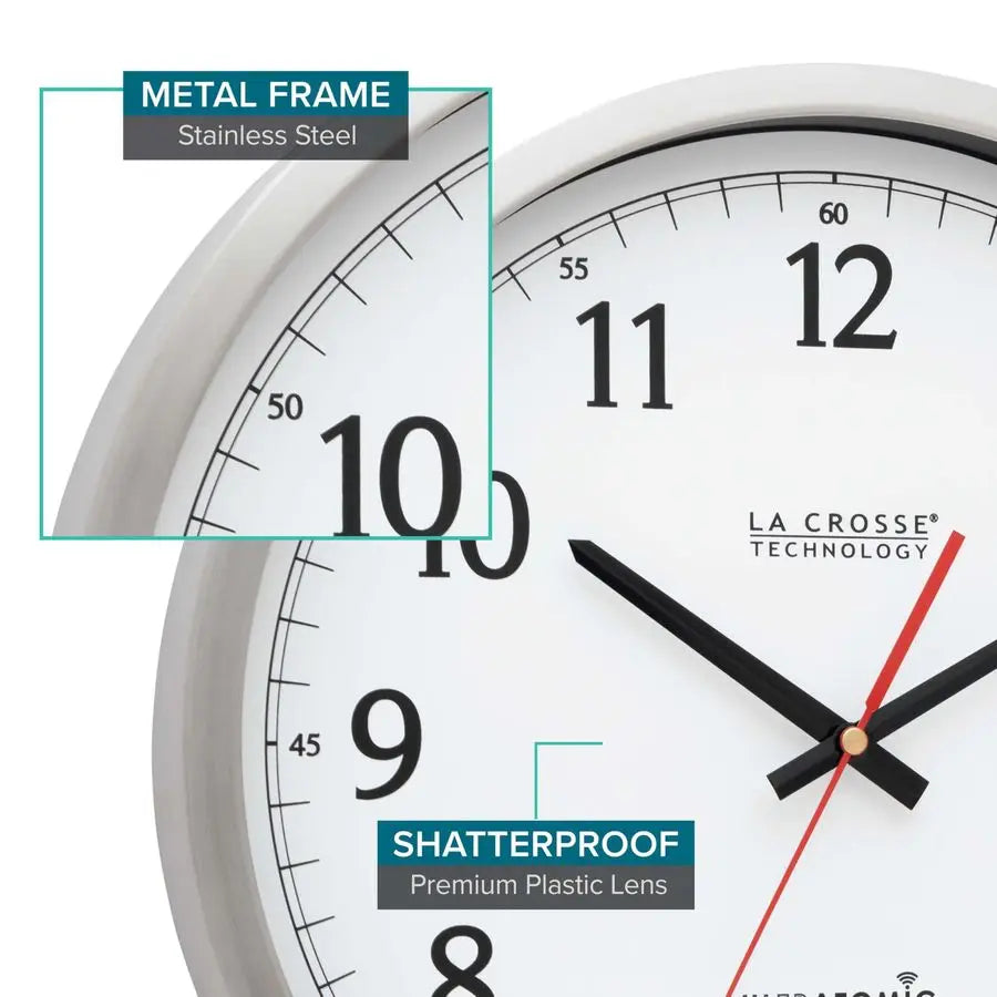 UltrAtomic 14 inch Stainless Steel Wall Clock, Shatterproof Lens, Silver