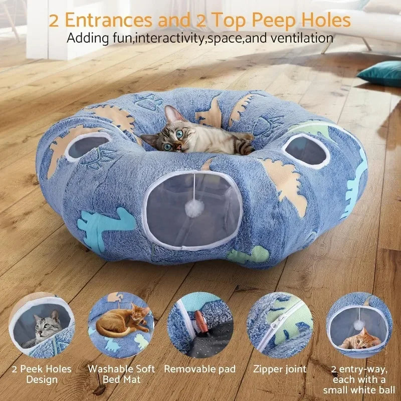 Cat Tunnels Interactive Play System - Foldable & Washable with Peekaboo Cave & Plush Bed,
