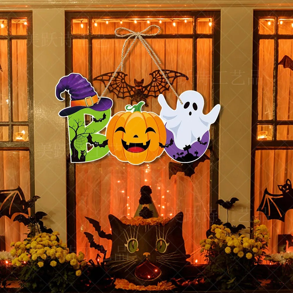 Halloween Hanging Sign Festive Pumpkin Bat and Skull Designs f