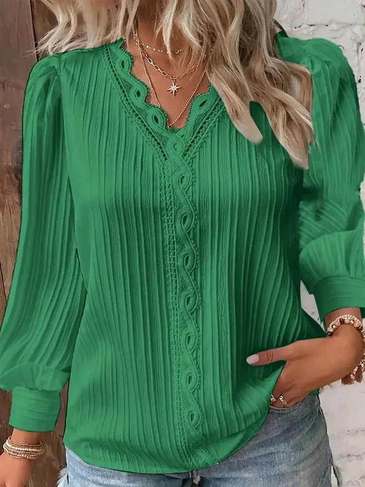 Elegant Summer Hollow Lace Patchwork Women Shirt Chic Blouse V Neck Long Sleeve Shirt
