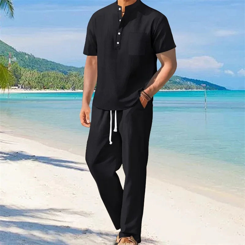 Men s Casual 2 Piece Outfit Short Sleeve Henley Tops