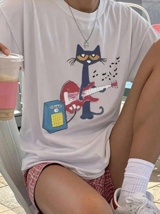 Women'S Casual Cartoon Print T-Shirt - Blue Cat & Guitar Design, Short Sleeve