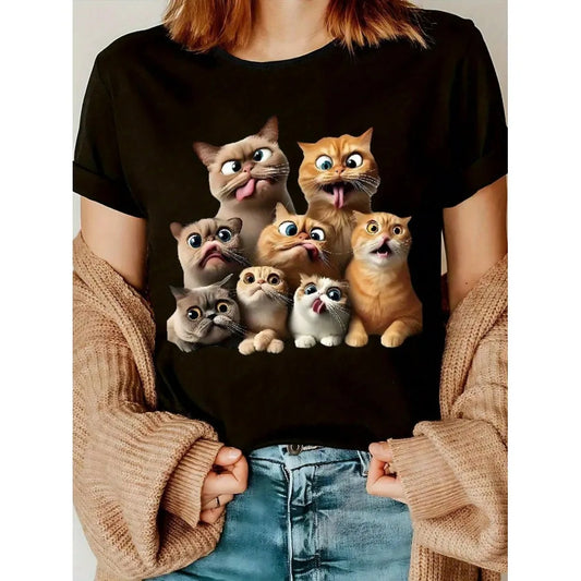 Cotton Ladies Fun Cartoon Cat Print Round Neck T-shirt