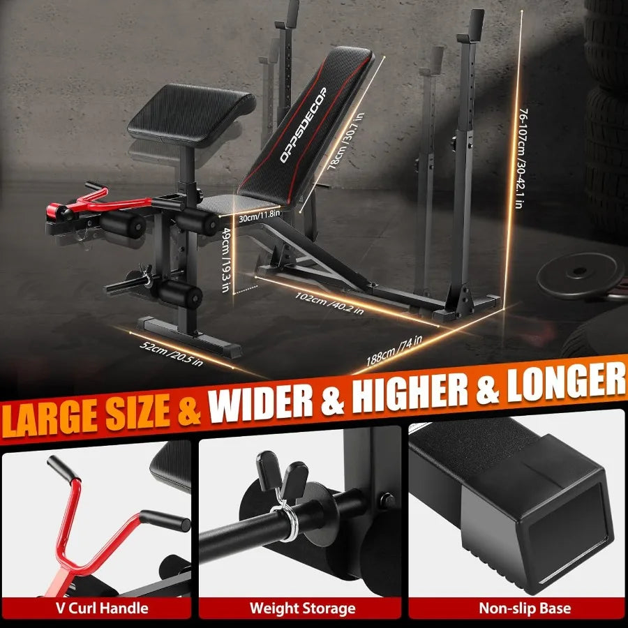 Weight Bench Set   and Curl, 900LBS Profesional Bench Press Set and Barbell Rack with Safety Spotter Catches, P