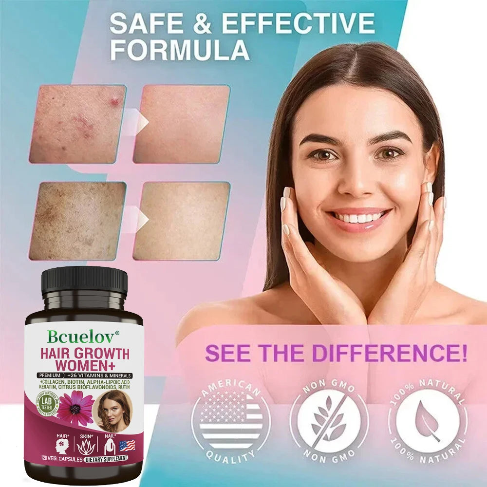 Women's Hair Supplement - Contains multivitamins, collagen, biotin, supports healthy hair, skin and nails,