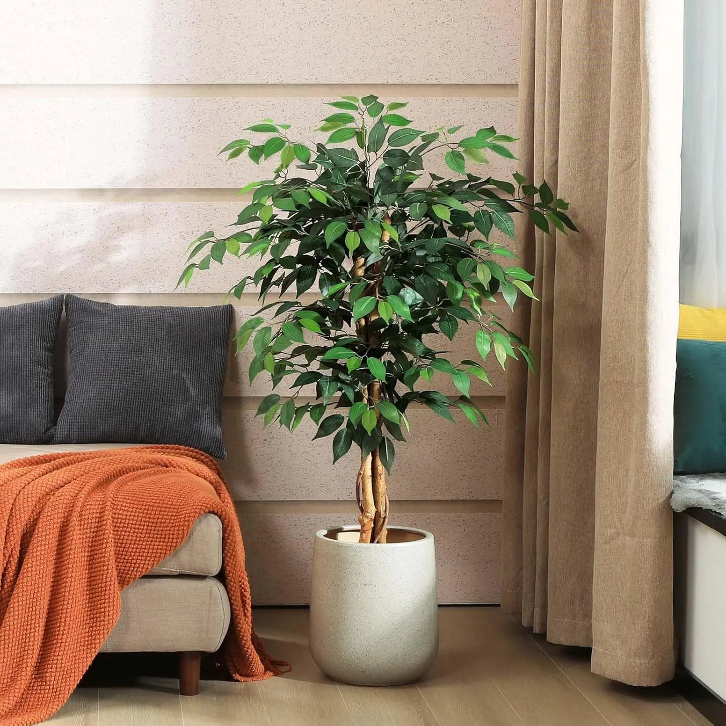 4ft Artificial Ficus Tree with Natural Wood Trunk in Plastic Pot, Silk Fake Plant for Home Office