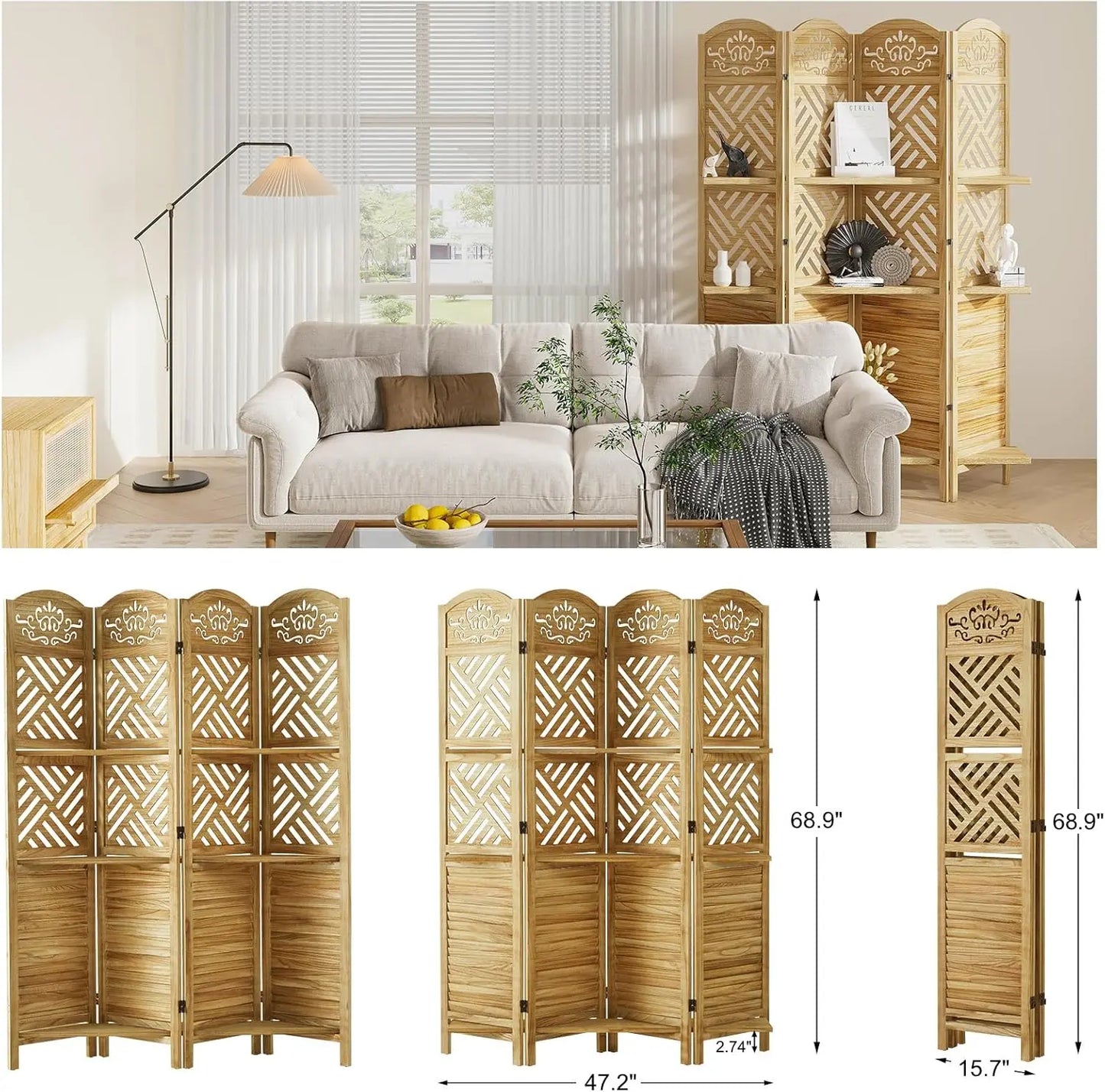 Room Divider with Shelves Folding Wood Carved Screen with Double Hinges