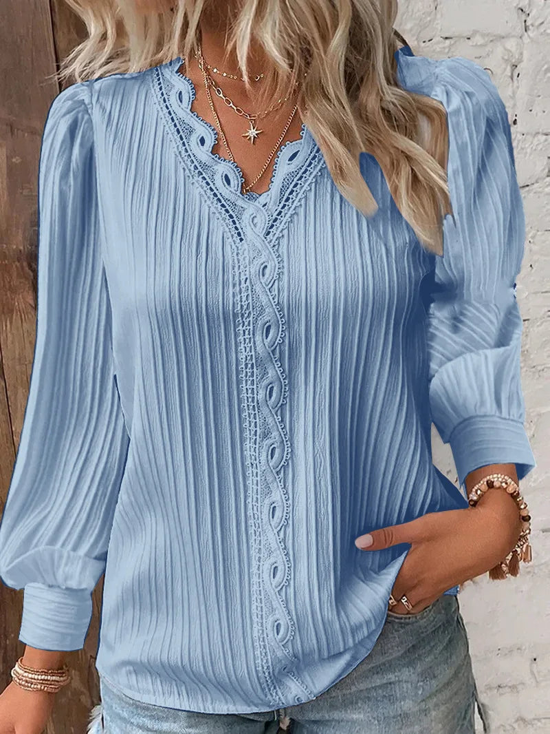 Elegant Summer Hollow Lace Patchwork Women Shirt Chic Blouse V Neck Long Sleeve Shirt