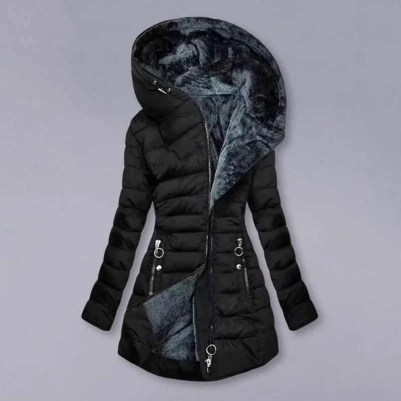 Long Sleeve Coat Solid Women's Winter Jacket with Plush Lining Hooded Outerwear