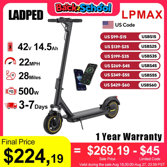 LADPED LPMAX 10" Solid tires Folding Electric Scooter 22MPH 500W 14.5AH 28Miles   Dual Shock Absorber EScooter