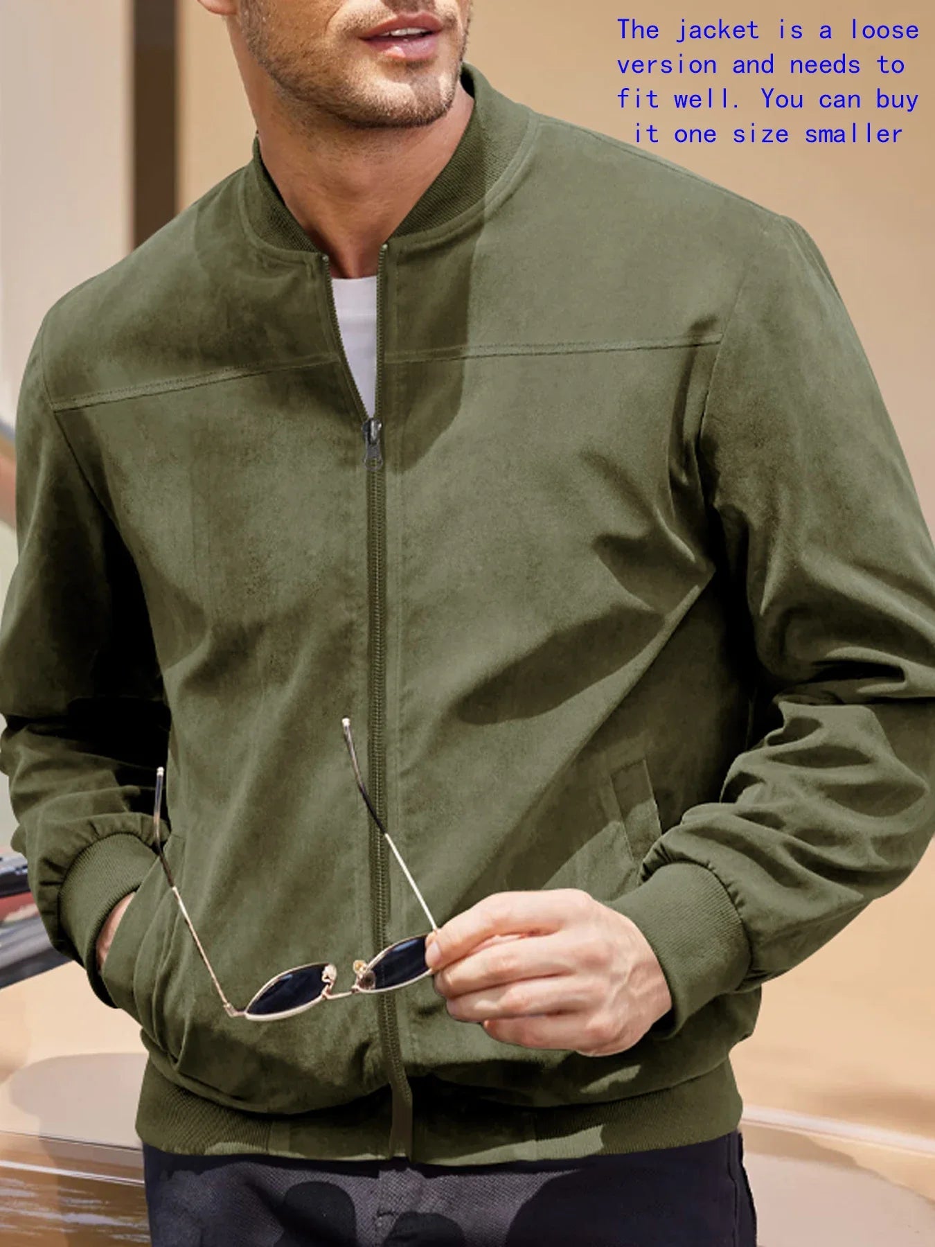 Men's suede nap fabric casual jacket Round neck zipper Solid color Sport Bomber Jacket