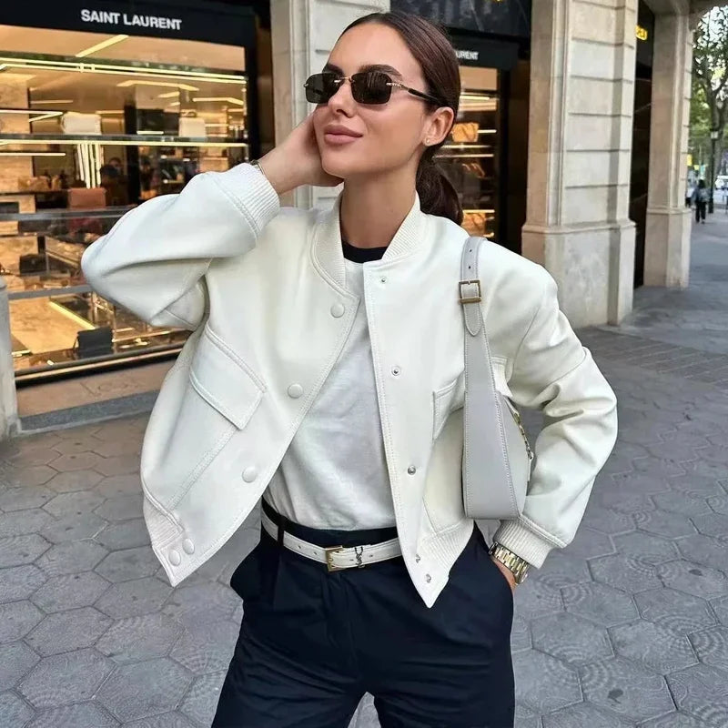 Woman Bomber Jacket Coat White Autumn Winter Button Baseball Aviator