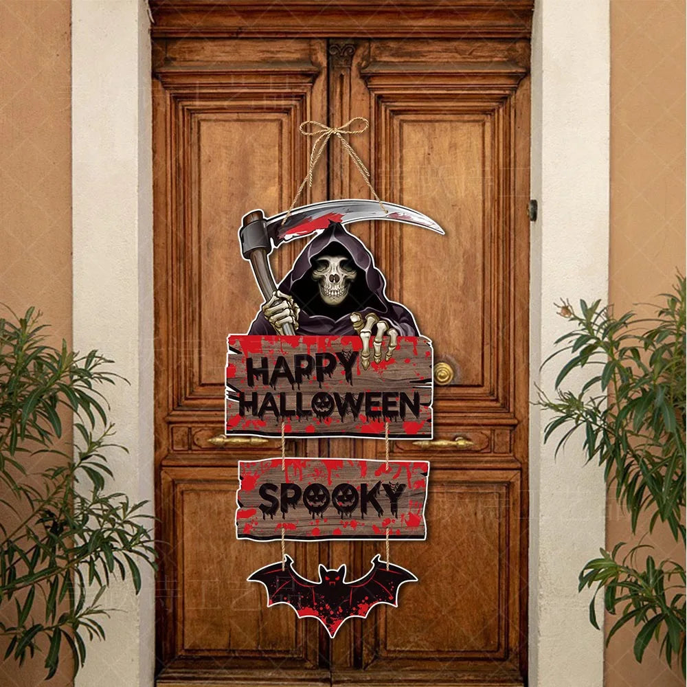 Halloween Hanging Sign Festive Pumpkin Bat and Skull Designs f