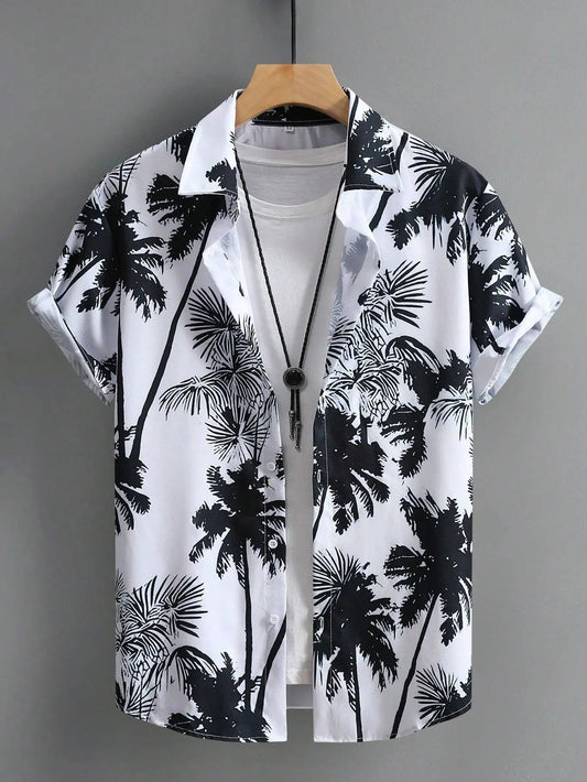 Men's Black Palm Tree Print Short Sleeve Casual Shirt for Summer