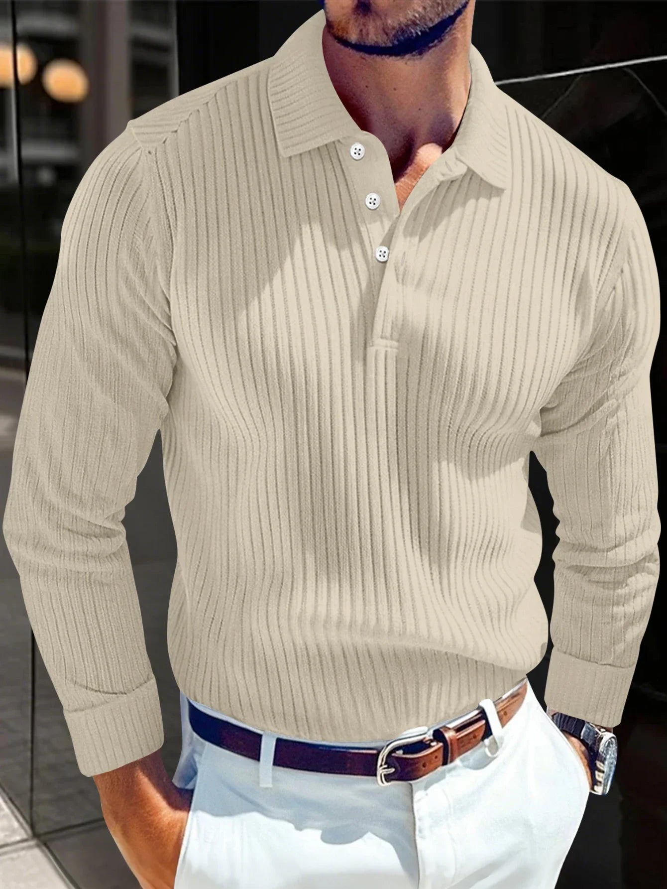 Luxury Light Business Mature Casual Men Sports  Style Striped Fashion Men Outdoor Long Sleeve POLO Shirt