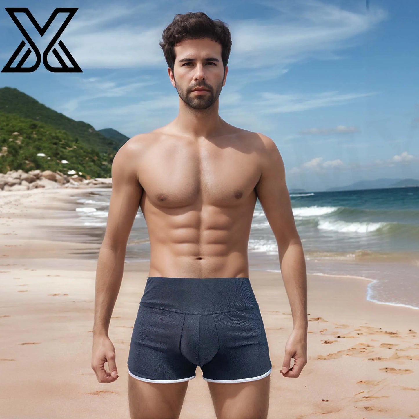 Men's hip lifting beach pants, swimming trunks,