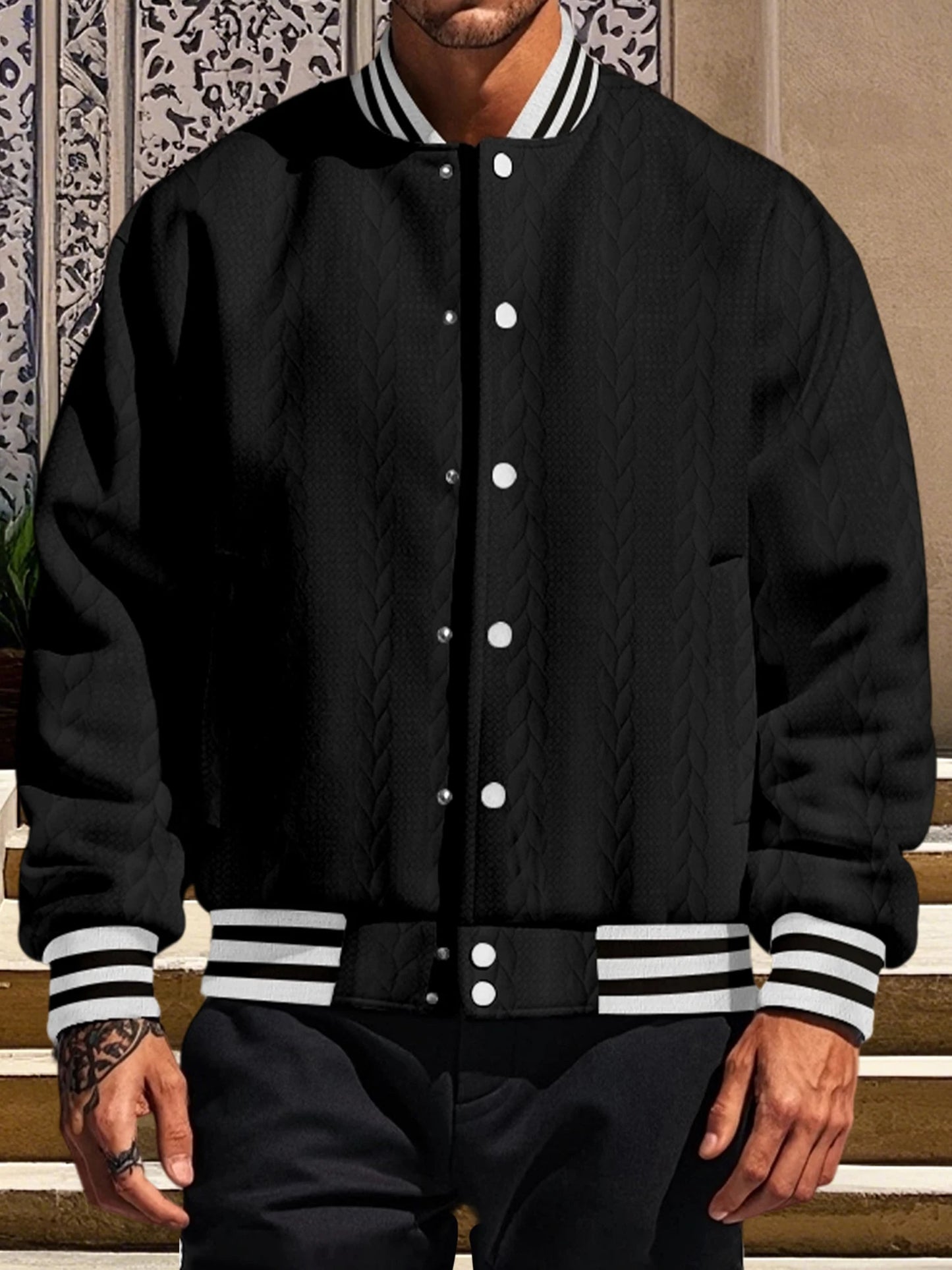 Men s Classic Bomber Jacket with Ribbed Cuffs and Hem Casual
