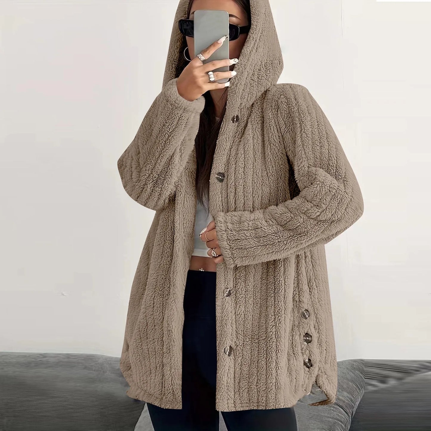 Button Hooded Jacket Plush Top Irregular Trendy Brand Solid Color Jacket For Women