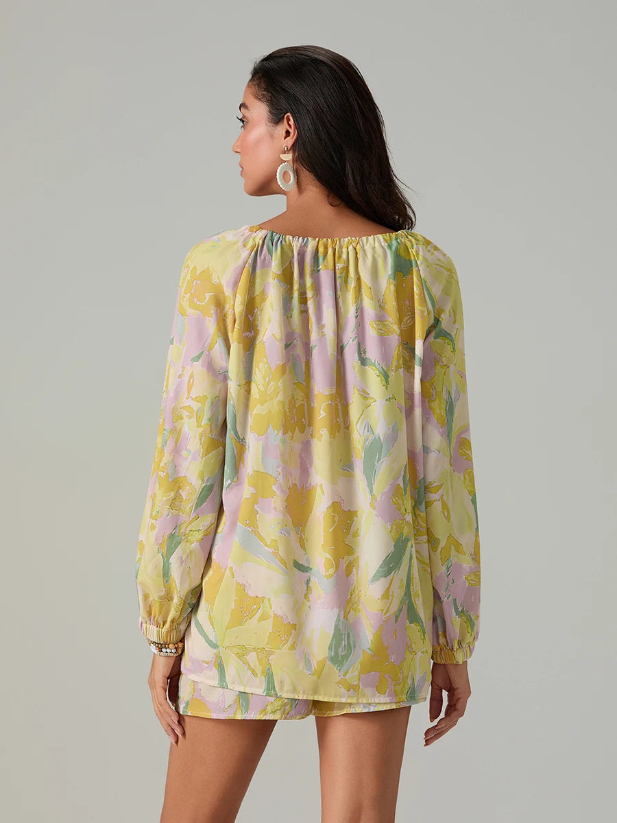 Elegant Floral Ensemble Stylish Long Sleeve Blouse with Tie-up