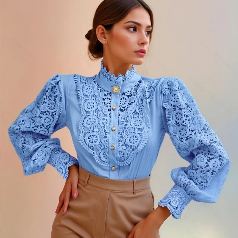Shirt Women Blusas Mujer De Moda Office Lady Flower Blouse Spring Hollow Out Lace