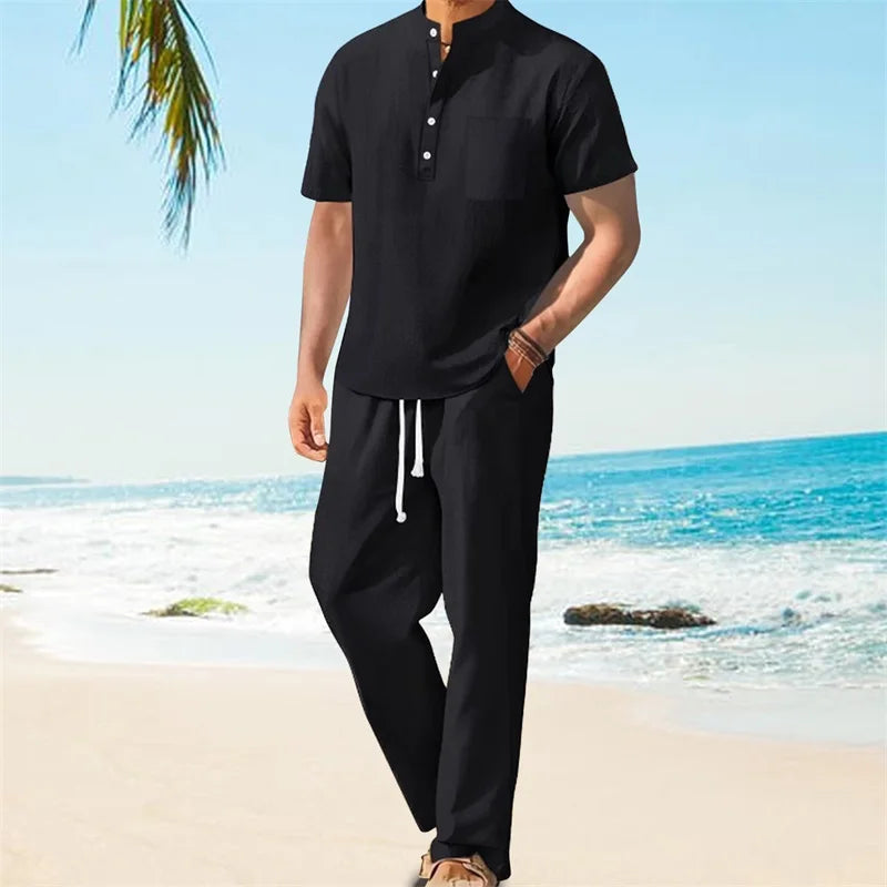 Men s Casual 2 Piece Outfit Short Sleeve Henley Tops