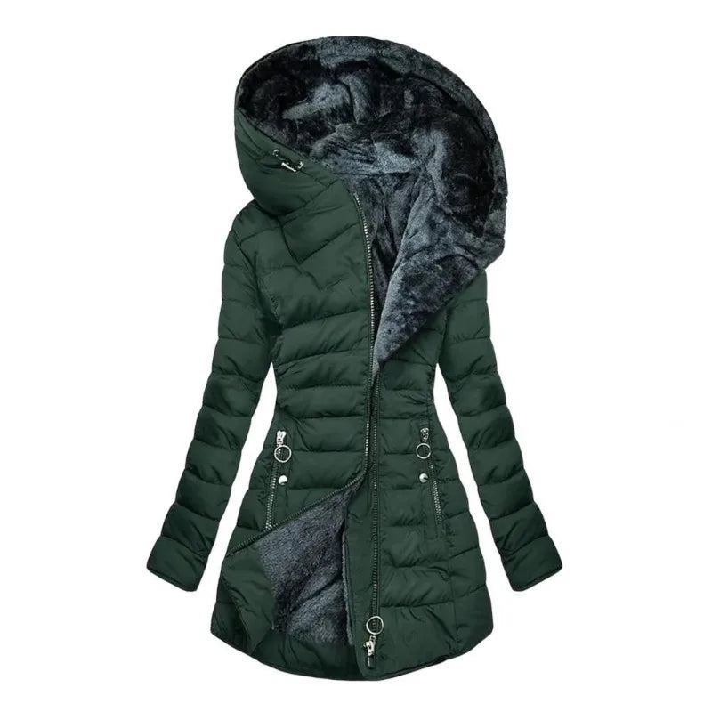 Long Sleeve Coat Solid Women's Winter Jacket with Plush Lining Hooded Outerwear