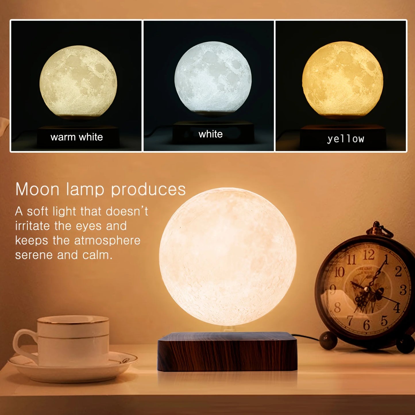 Magnetic Floating Rotating Moon Lamp with Wooden Base, 3 Color