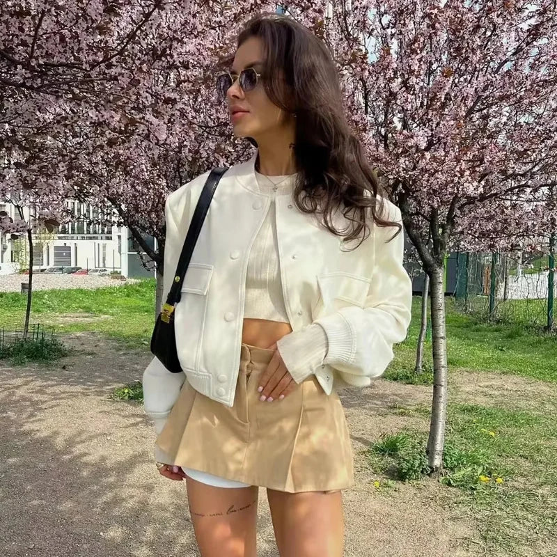 Woman Bomber Jacket Coat White Autumn Winter Button Baseball Aviator