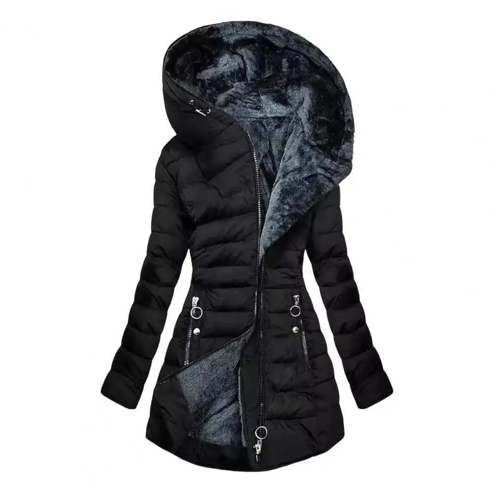 Long Sleeve Coat Solid Women's Winter Jacket with Plush Lining Hooded Outerwear