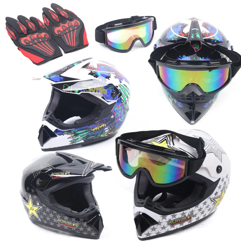 L Size Motorcycle Helmet Set DOT Standard Adult Full Face Helmet with Goggle & Gloves