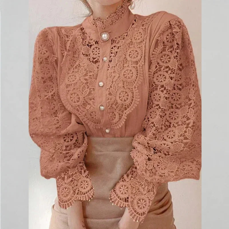 Shirt Women Blusas Mujer De Moda Office Lady Flower Blouse Spring Hollow Out Lace