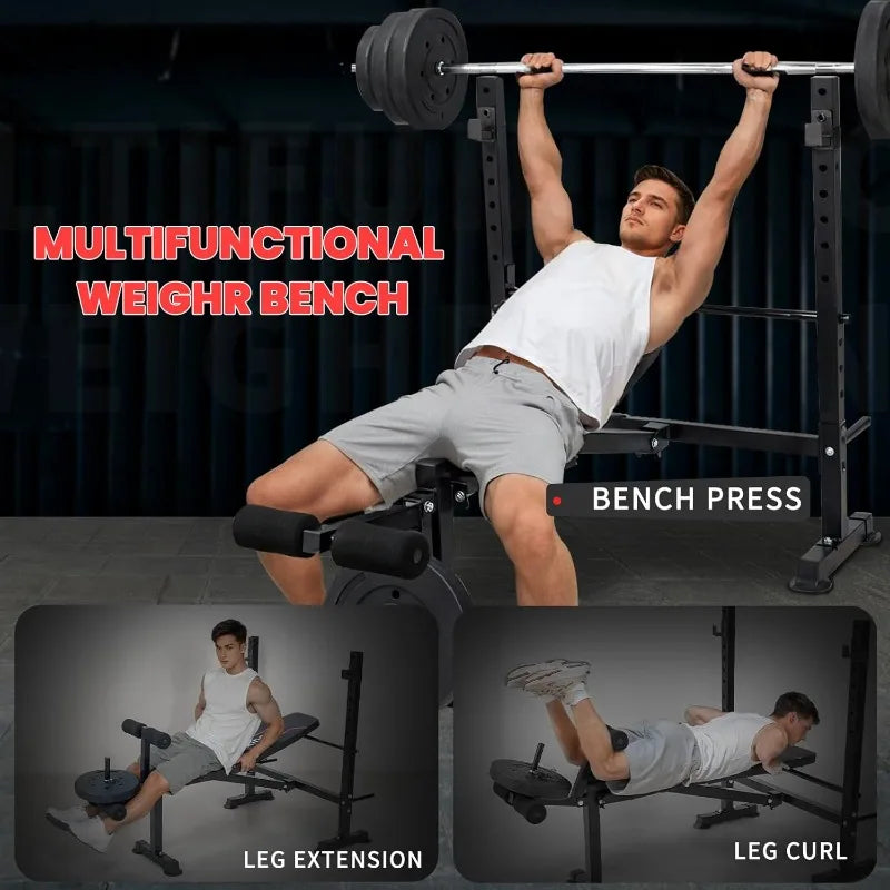 1500LBS 6 in 1 Weight Bench Set with Leg Extension  Bench Press Set and barbell Rack with Safety Bar Catches,