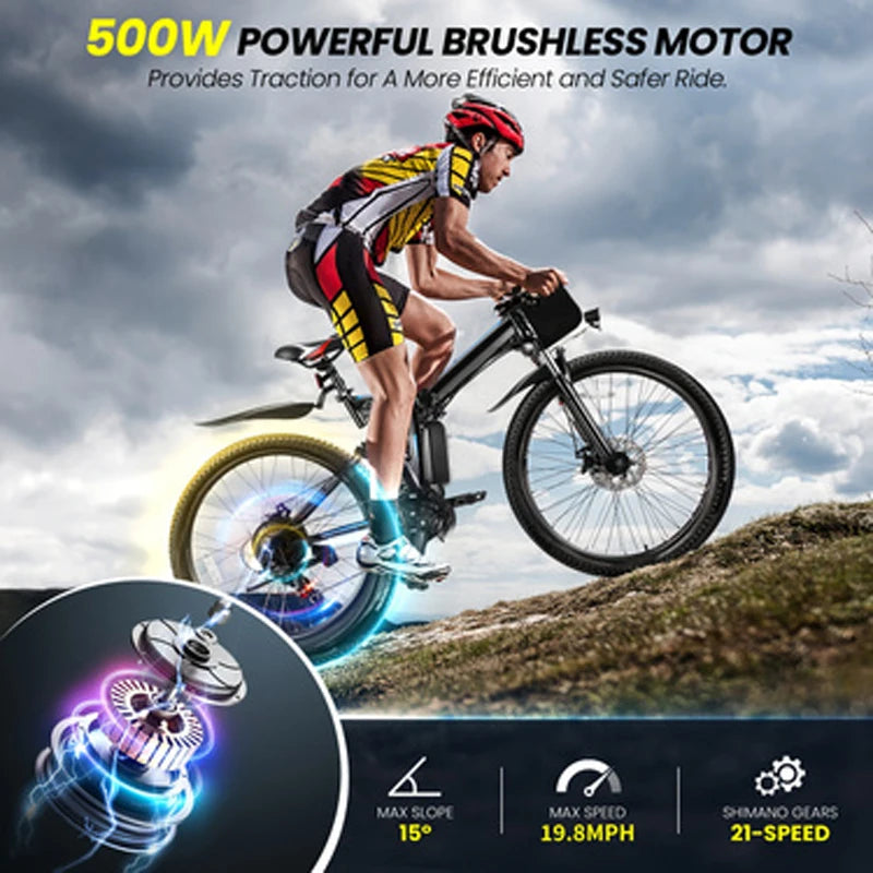 26" Folding Electric Bike for Adults, with 500W Motor,48V 20MPH  Up to 50Miles Range, Cruise Control