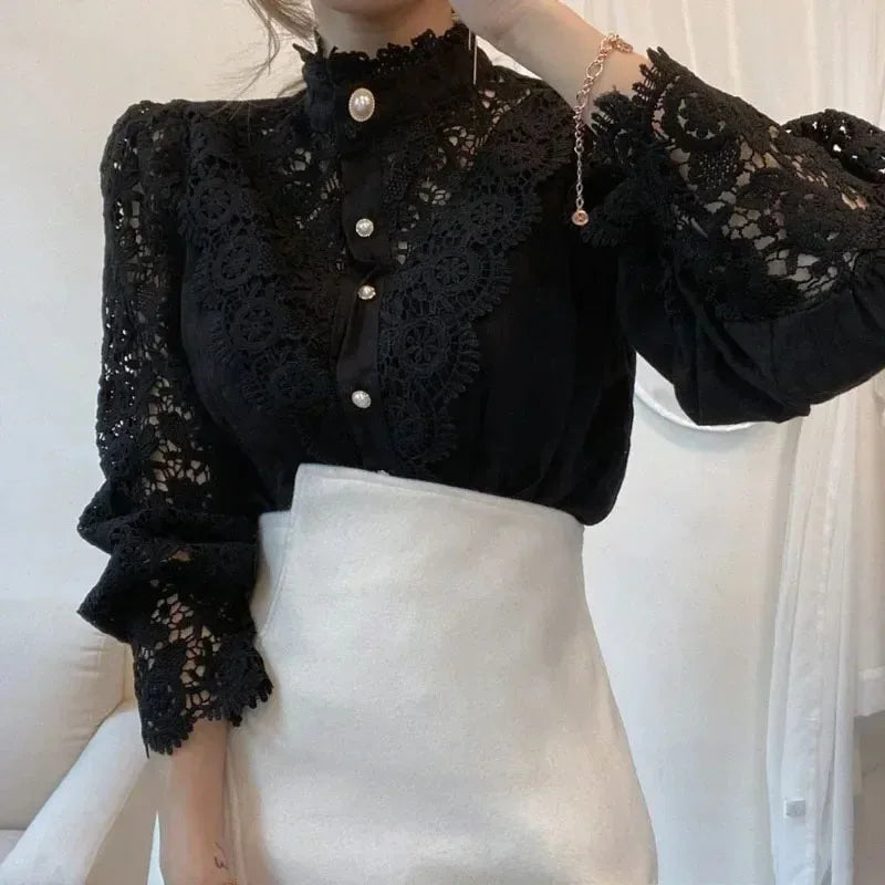 Shirt Women Blusas Mujer De Moda Office Lady Flower Blouse Spring Hollow Out Lace