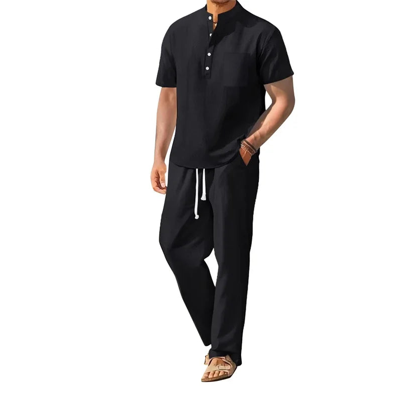 Men s Casual 2 Piece Outfit Short Sleeve Henley Tops